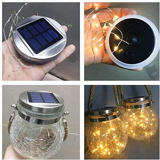 Solar Mason Jar Lamp with Cracked Glass and Hemp Rope Warm LED Outdoor Solar Light Waterproof