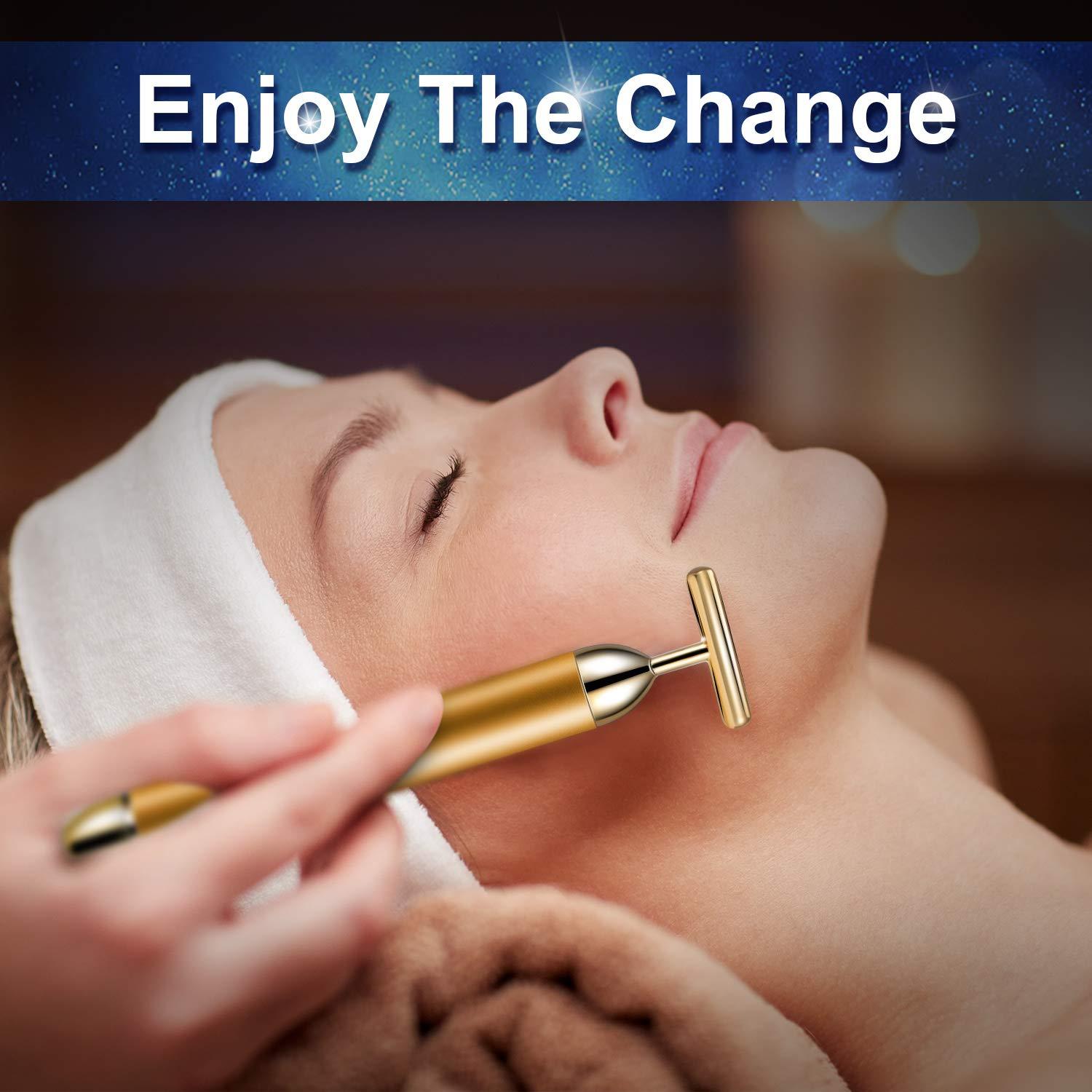 Facial T-Bar Gold Massager Vibrating Skin Roller for Face and Neck with Geranium Plated Metal