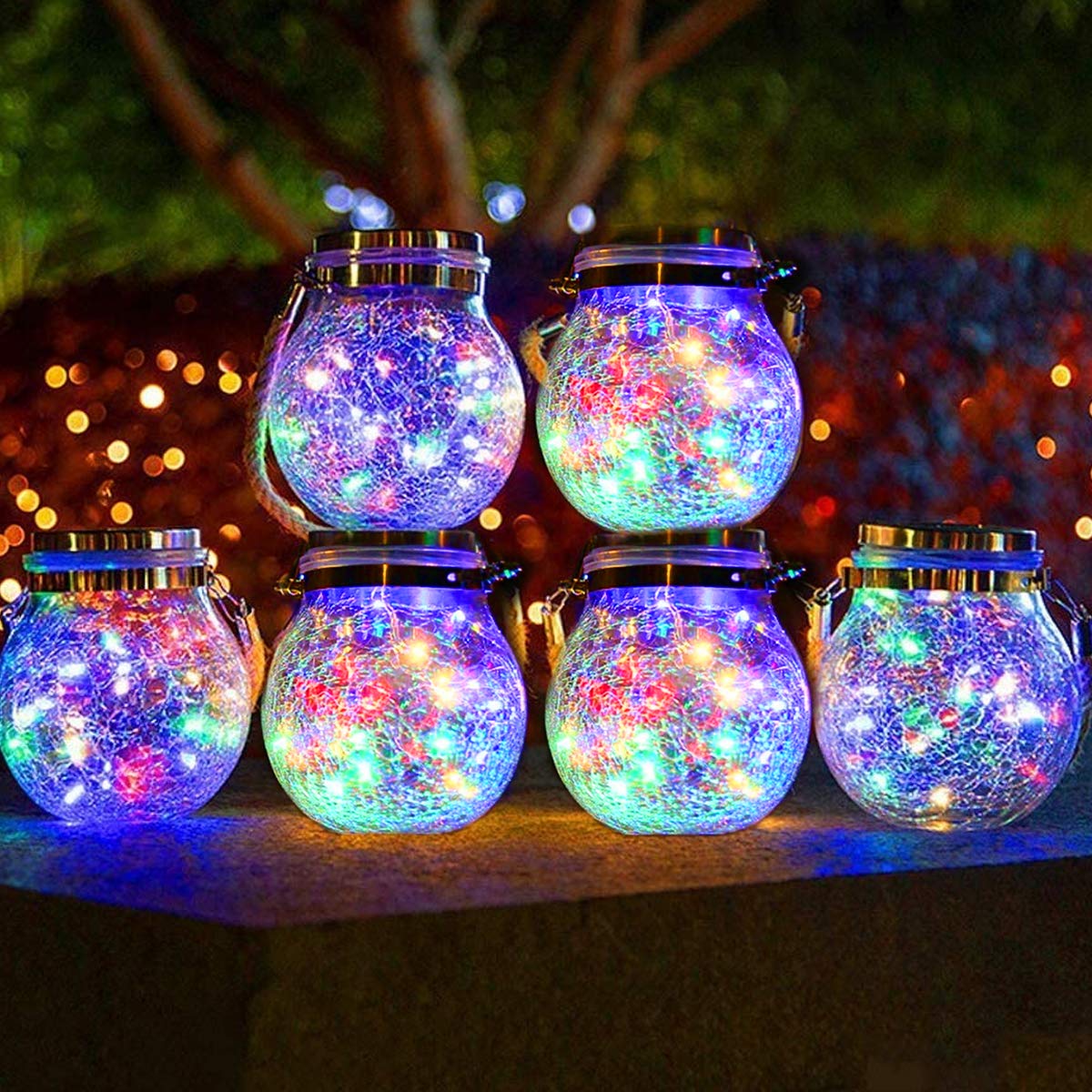 Solar Mason Jar Lamp with Cracked Glass and Hemp Rope Warm LED Outdoor Solar Light Waterproof