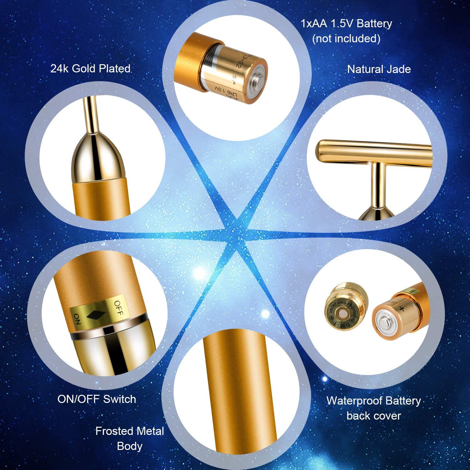 Facial T-Bar Gold Massager Vibrating Skin Roller for Face and Neck with Geranium Plated Metal