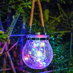 Solar Mason Jar Lamp with Cracked Glass and Hemp Rope Warm LED Outdoor Solar Light Waterproof