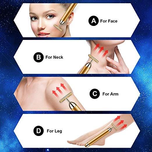 Facial T-Bar Gold Massager Vibrating Skin Roller for Face and Neck with Geranium Plated Metal