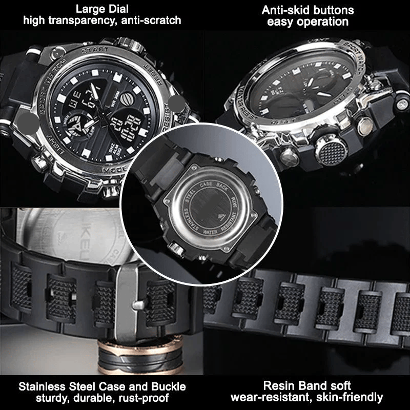 Men's Waterproof Dual-Display Sport Watch with Luminous Dial and Resin Strap