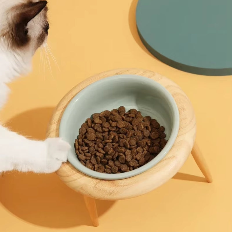 Misha Ceramic Elevated Cat Bowl with Adjustable Wooden Stand, 300ml & 600ml, Beige, Sage, Dark Green