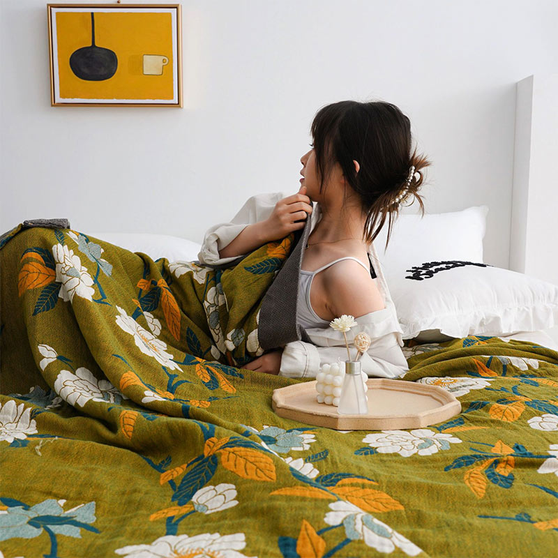 Olive Flower Printed Cotton Quilt Double-Sided Boho Bedroom Throw Blanket Full Queen King