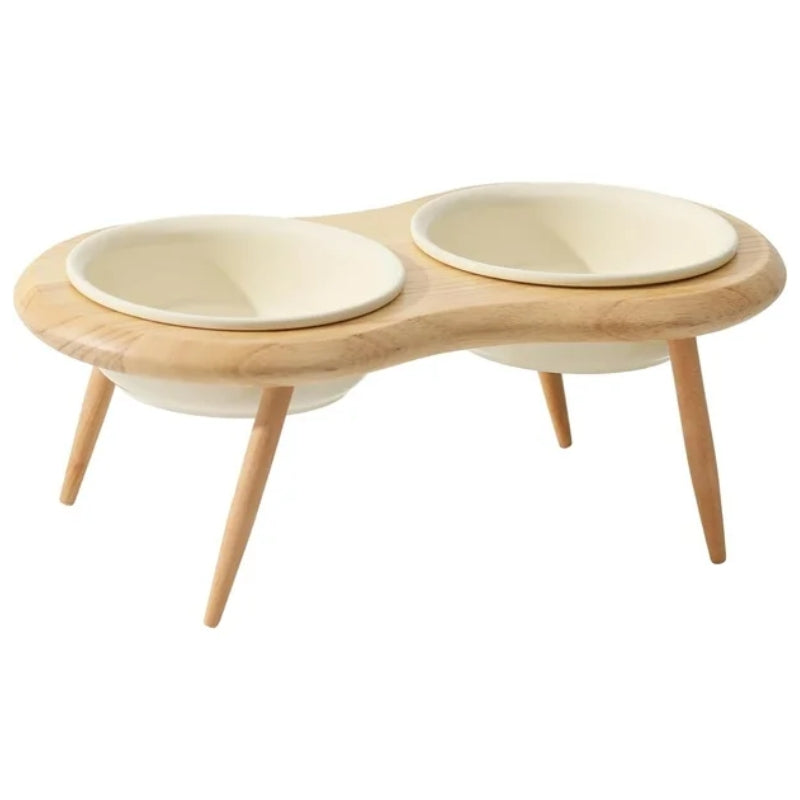 Misha Ceramic Elevated Cat Bowl with Adjustable Wooden Stand, 300ml & 600ml, Beige, Sage, Dark Green