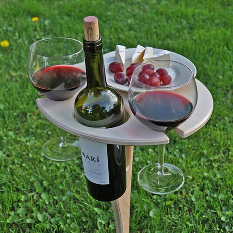 Foldable Outdoor Wine Table Birch Wood Compact Portable Picnic Snack Holder