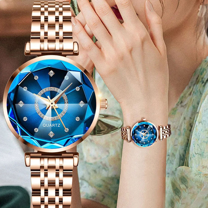 Ladies Waterproof Quartz Watch Stainless Steel Strap Starry Diamond Dial 26mm
