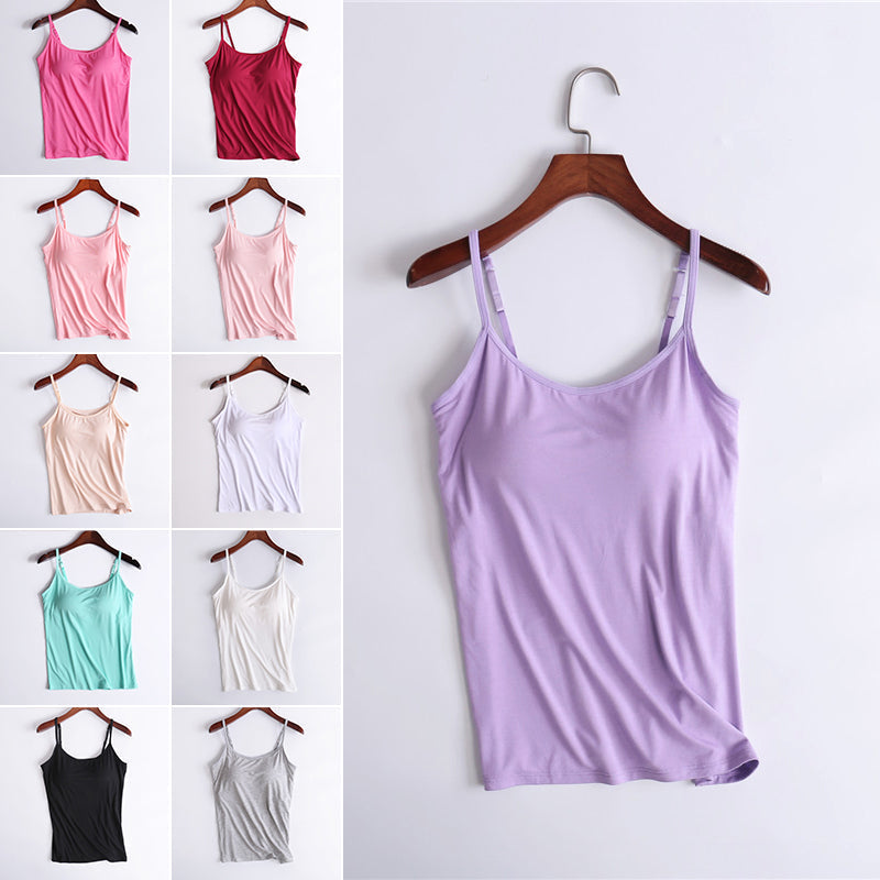 Tank Top with Built-In Shelf Bra Viscose Fiber Adjustable Straps Multiple Colors
