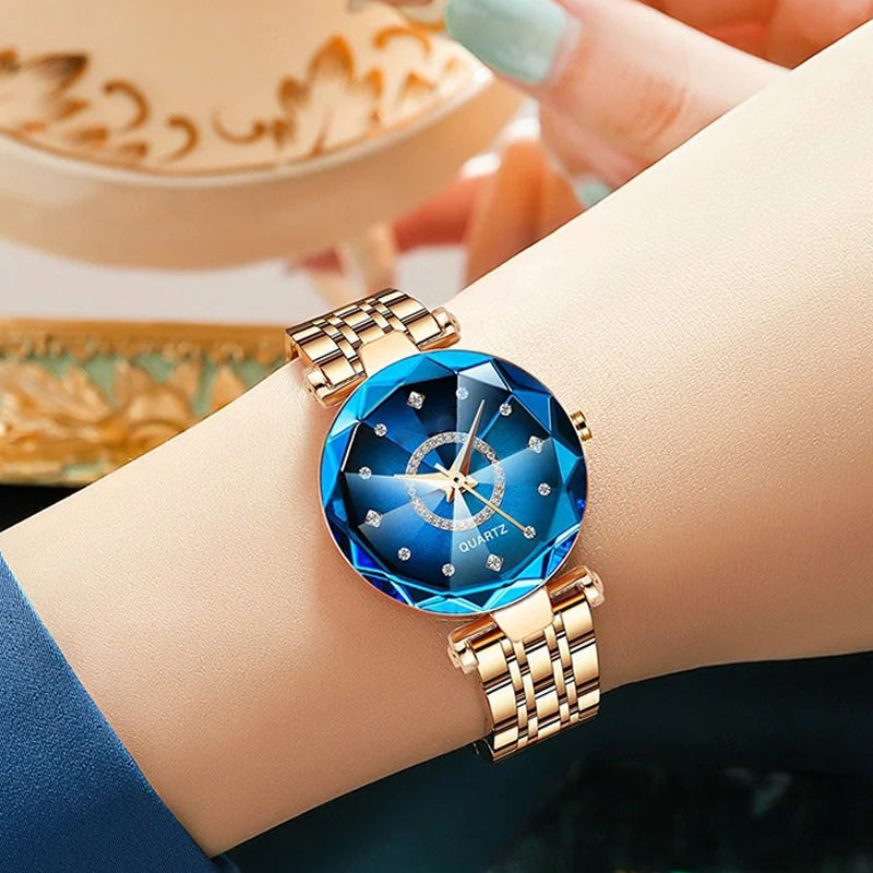 Ladies Waterproof Quartz Watch Stainless Steel Strap Starry Diamond Dial 26mm