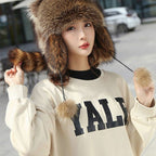 Faux Fur Raccoon Tail Plush Winter Hat with Pom Pom Balls Warm Ski Trapper Hat for Adults and Kids