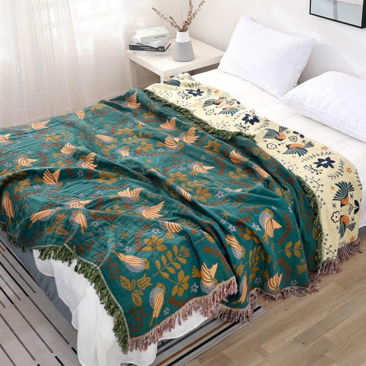 Reversible Scandinavian Bird Cotton Throw Blanket Double-Sided Soft Cozy Home Decor