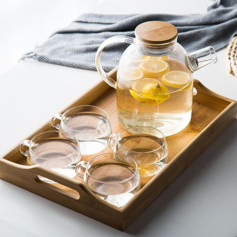 Harrow Scandinavian Glass Teapot Set Borosilicate Glass 1000ml or 1800ml with Cups Oak Tray and Warmer