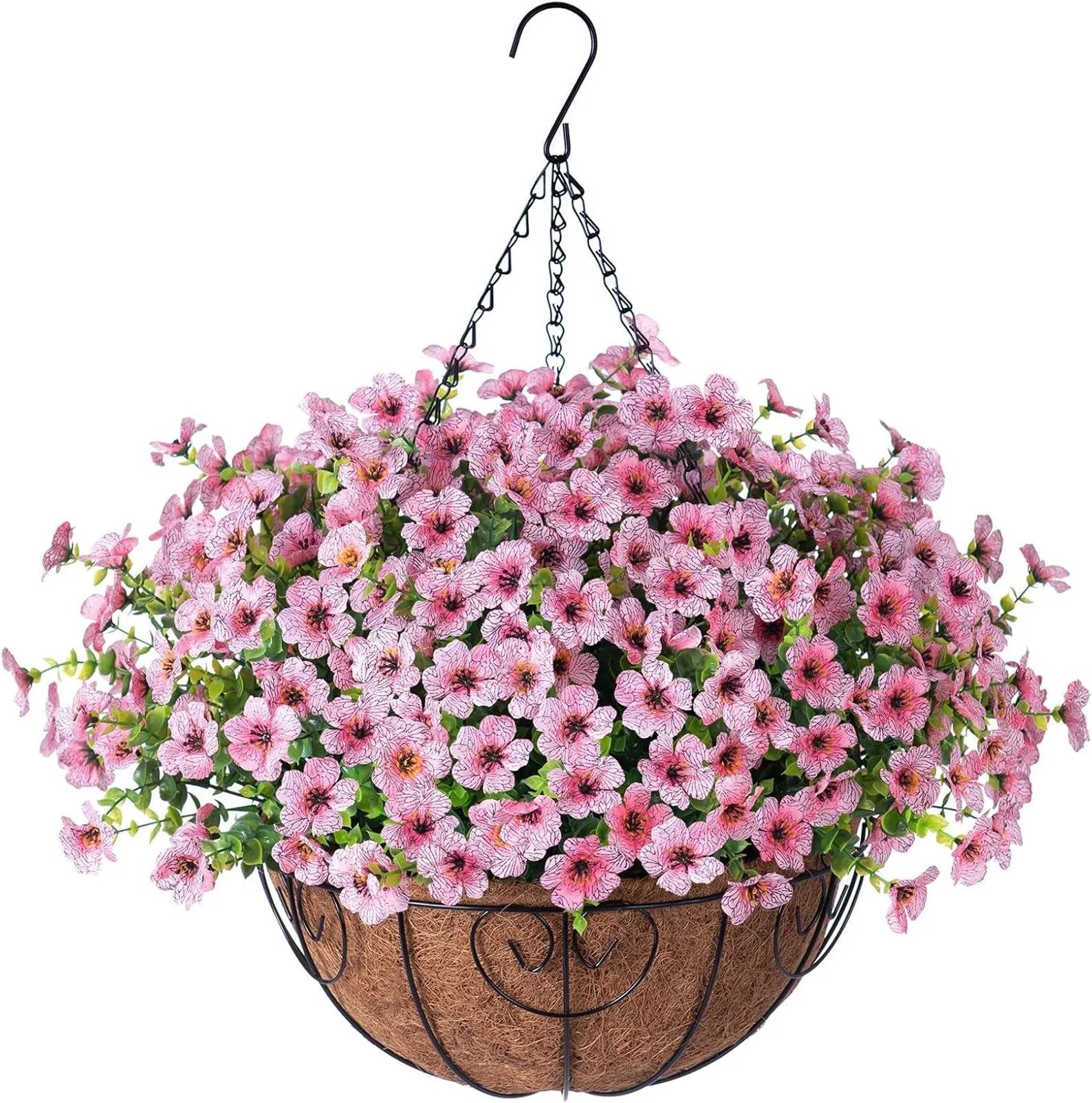 EterniBloom Artificial Hanging Flower Basket with 12 Silk Flowers Weatherproof UV-Resistant Decor