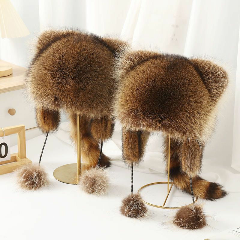 Faux Fur Raccoon Tail Plush Winter Hat with Pom Pom Balls Warm Ski Trapper Hat for Adults and Kids