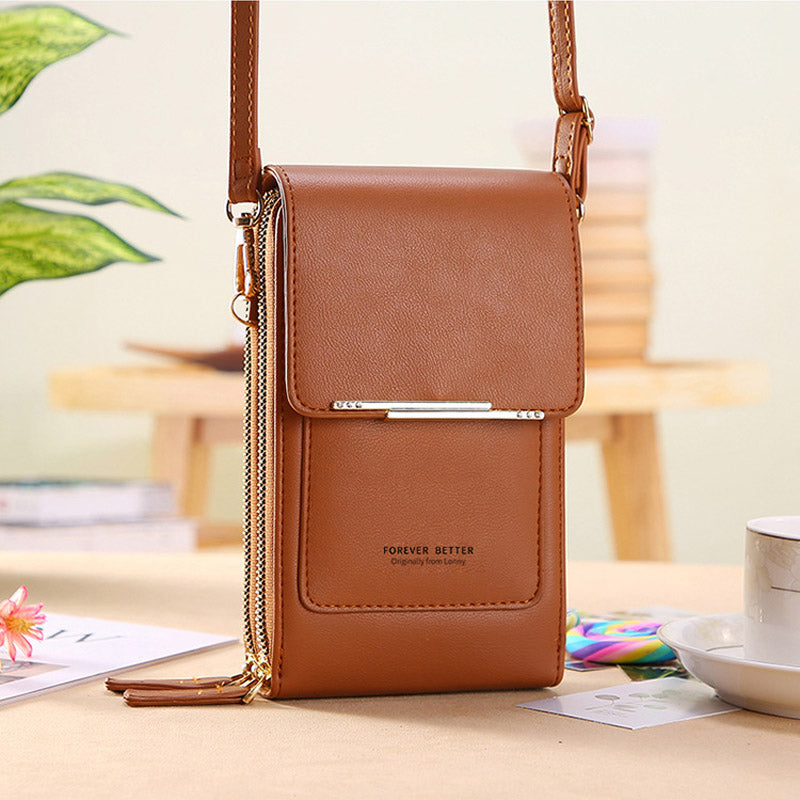 Anti-Theft Leather Crossbody Bag with RFID Protection and Touchscreen Phone Compartment Compact Shoulder Bag for Women