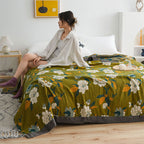 Olive Flower Printed Cotton Quilt Double-Sided Boho Bedroom Throw Blanket Full Queen King