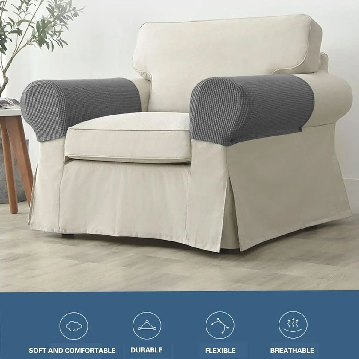 2-Piece Waterproof Jacquard Armrest Covers with Anti-Slip Base for Sofas and Chairs