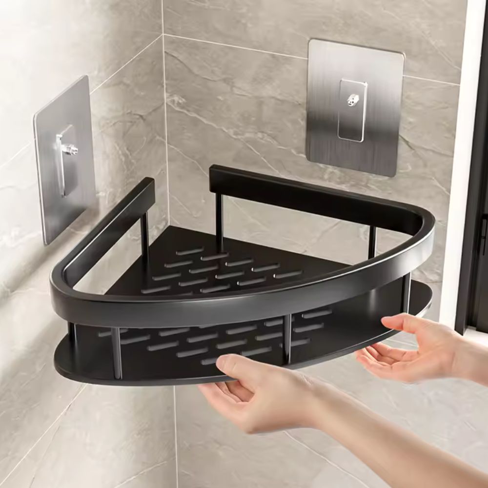 Aluminum Shower Storage Basket Curved Shelf with Hook Corrosion Resistant Bathroom Organizer