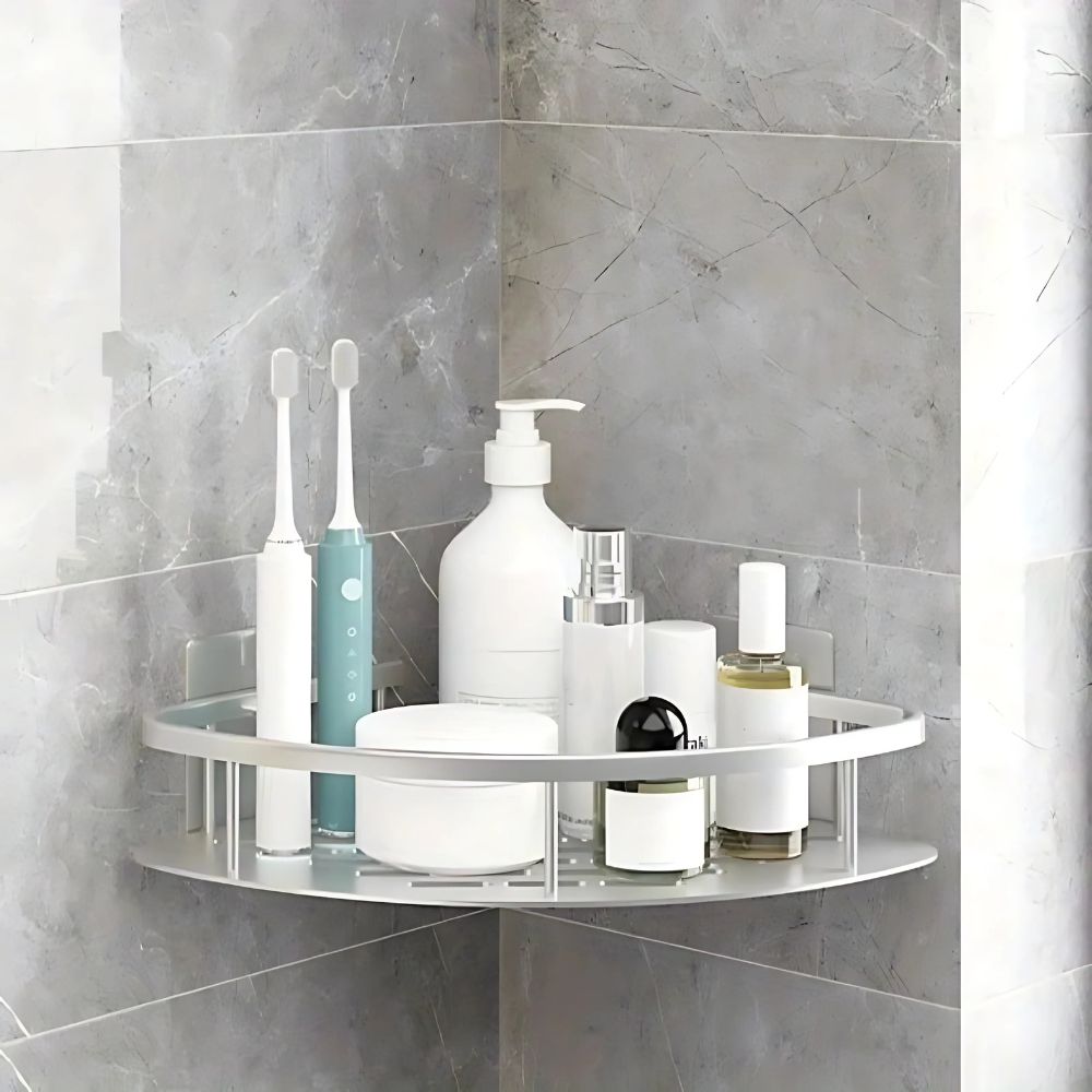 Aluminum Shower Storage Basket Curved Shelf with Hook Corrosion Resistant Bathroom Organizer