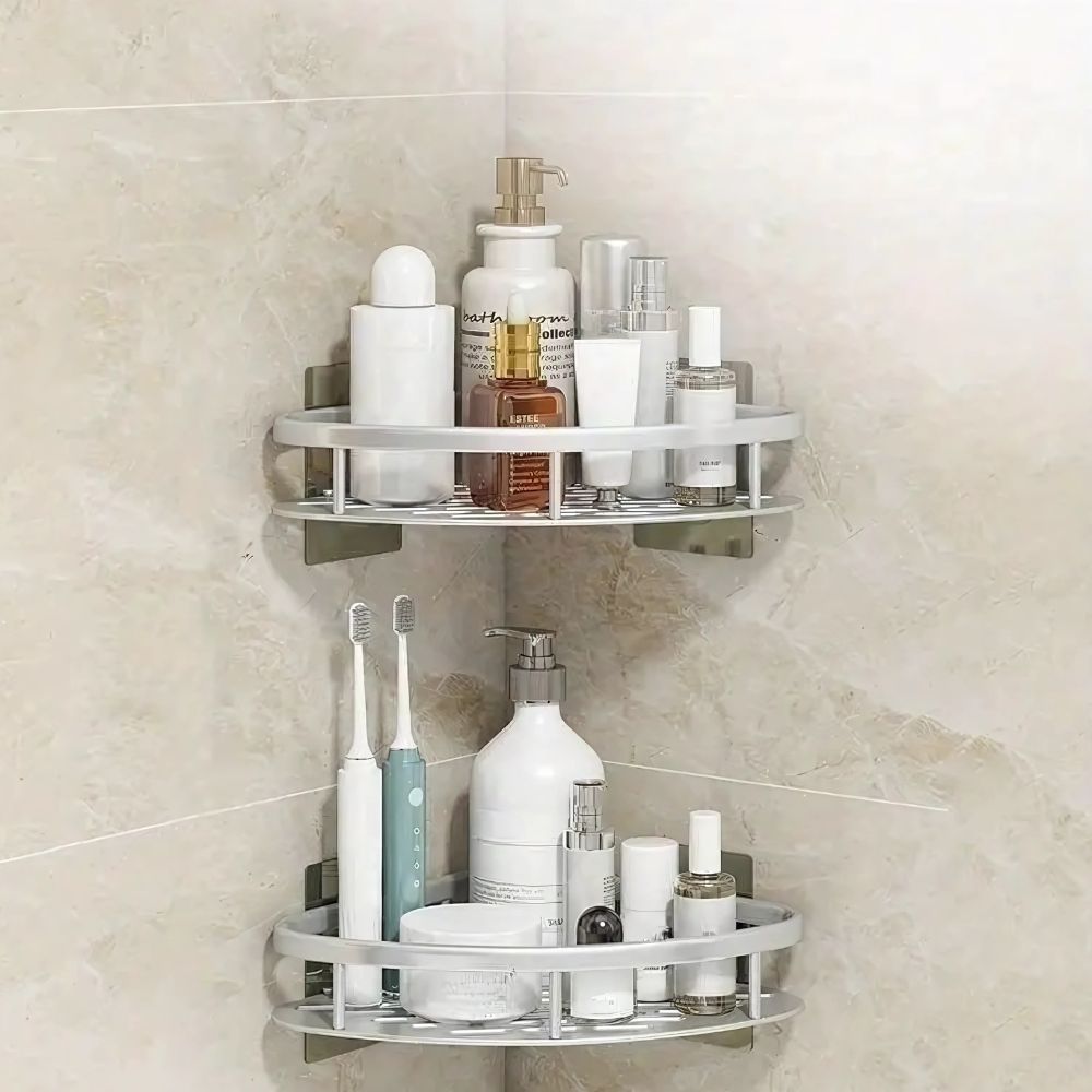 Aluminum Shower Storage Basket Curved Shelf with Hook Corrosion Resistant Bathroom Organizer