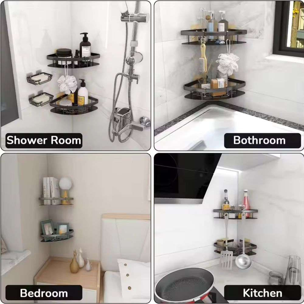 Aluminum Shower Storage Basket Curved Shelf with Hook Corrosion Resistant Bathroom Organizer