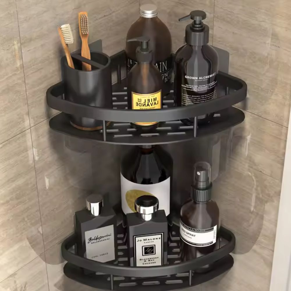 Aluminum Shower Storage Basket Curved Shelf with Hook Corrosion Resistant Bathroom Organizer