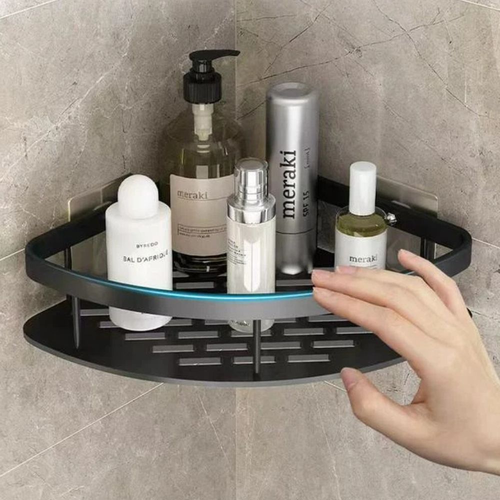 Aluminum Shower Storage Basket Curved Shelf with Hook Corrosion Resistant Bathroom Organizer