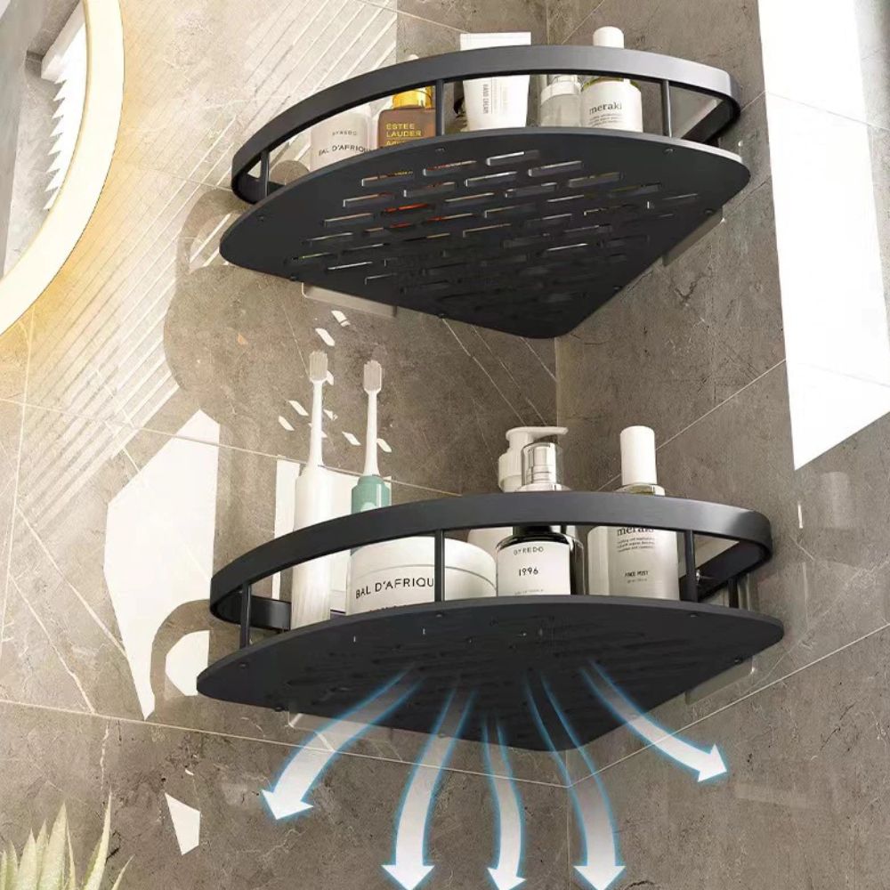 Aluminum Shower Storage Basket Curved Shelf with Hook Corrosion Resistant Bathroom Organizer