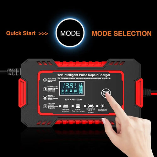 12V 6A Smart Car Battery Charger with Pulse Repair LCD Display Fast Charging for AGM Gel Lead-Acid Batteries