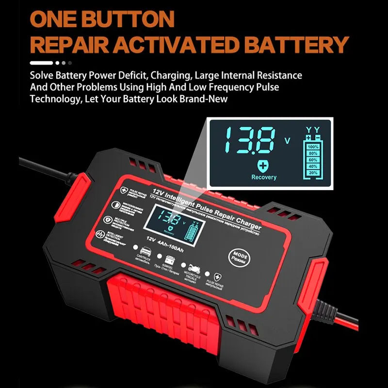 12V 6A Smart Car Battery Charger with Pulse Repair LCD Display Fast Charging for AGM Gel Lead-Acid Batteries