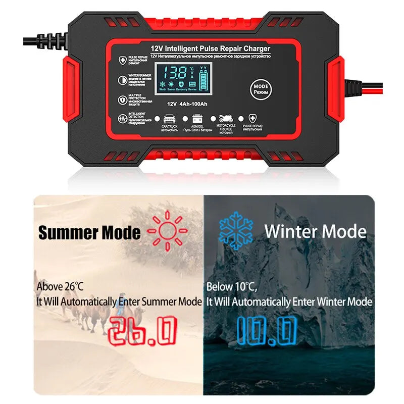 12V 6A Smart Car Battery Charger with Pulse Repair LCD Display Fast Charging for AGM Gel Lead-Acid Batteries
