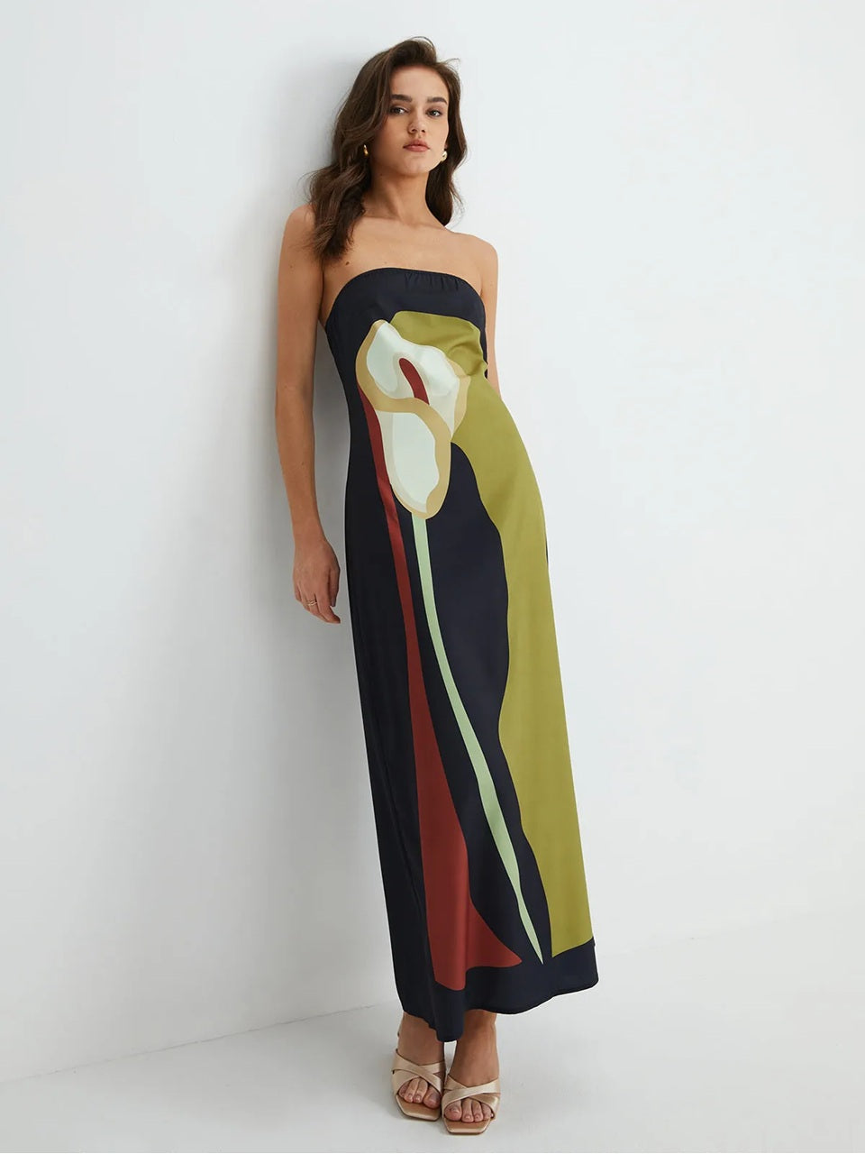 Harrow Akosua elegant strapless printed summer cocktail maxi dress for women, featuring a vibrant floral design and flowing fabric.