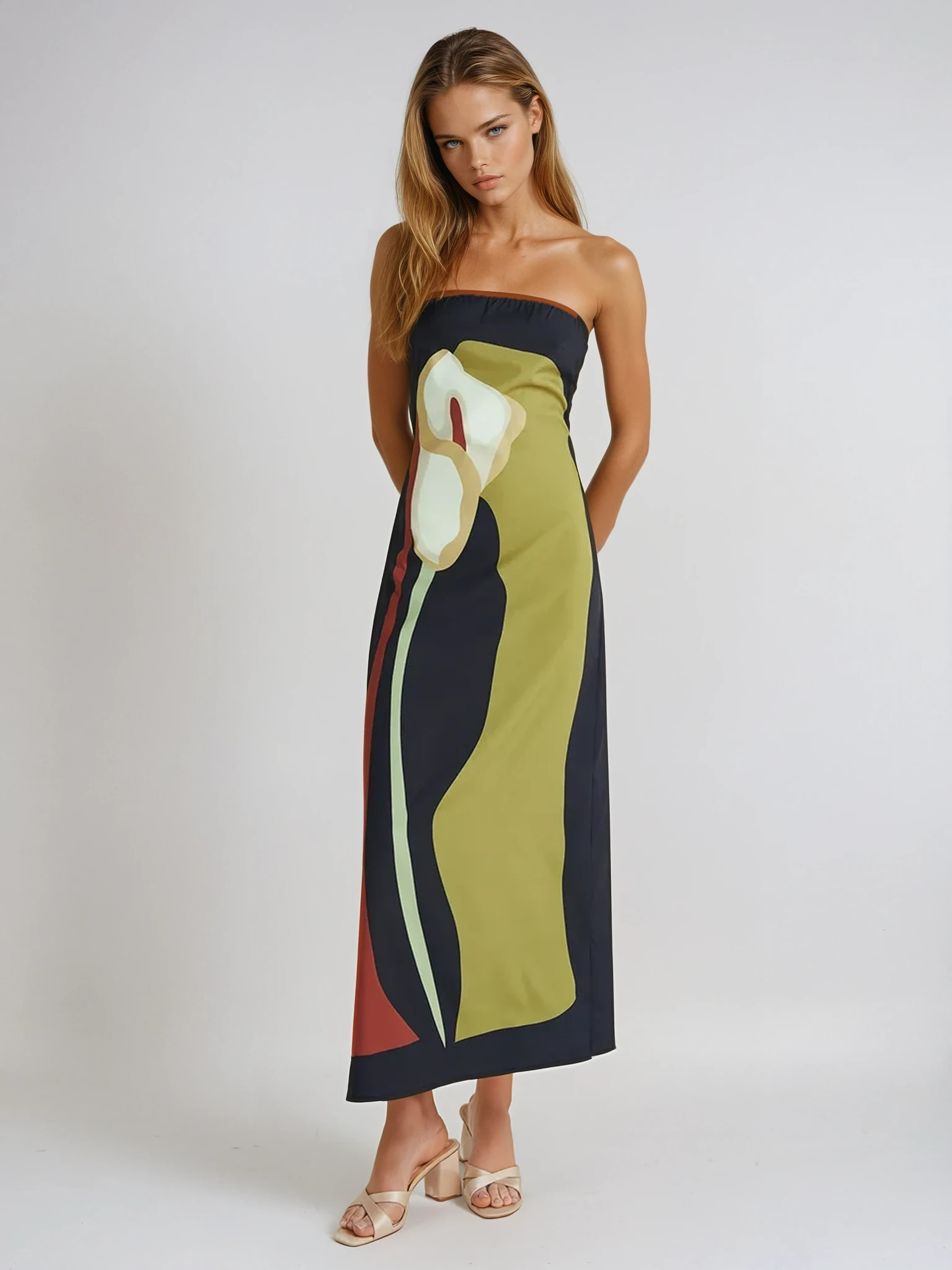 Harrow Akosua elegant strapless printed cocktail maxi dress for women, perfect for summer parties and special occasions.