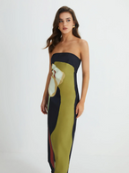 Harrow Akosua elegant strapless printed summer cocktail maxi dress for women, featuring floral design and flowing fabric.