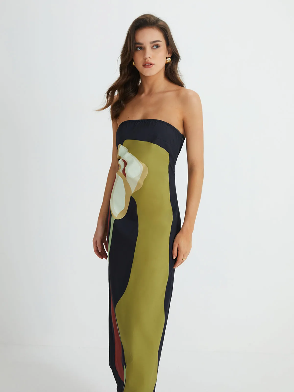 Harrow Akosua elegant strapless printed summer cocktail maxi dress for women, featuring floral design and flowing fabric.