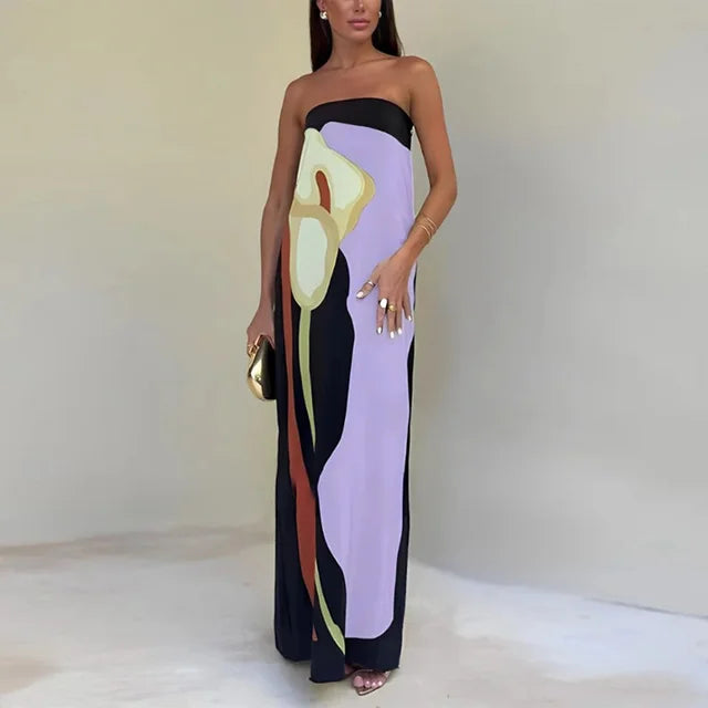 Harrow Akosua elegant strapless printed cocktail maxi dress for women, perfect for summer parties and upscale events.
