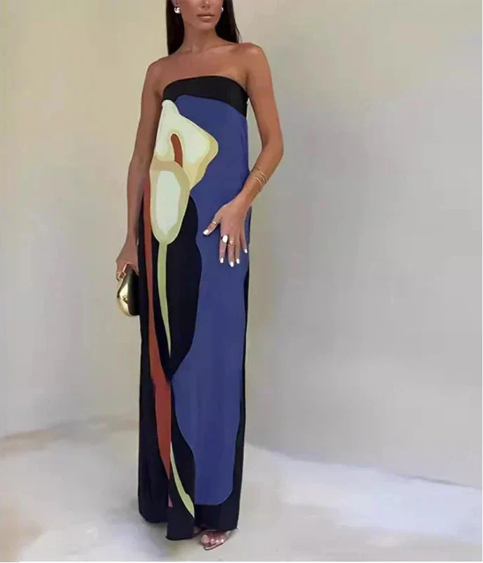Harrow Akosua elegant strapless printed cocktail maxi dress for women, perfect for summer parties, shown in a stylish design.
