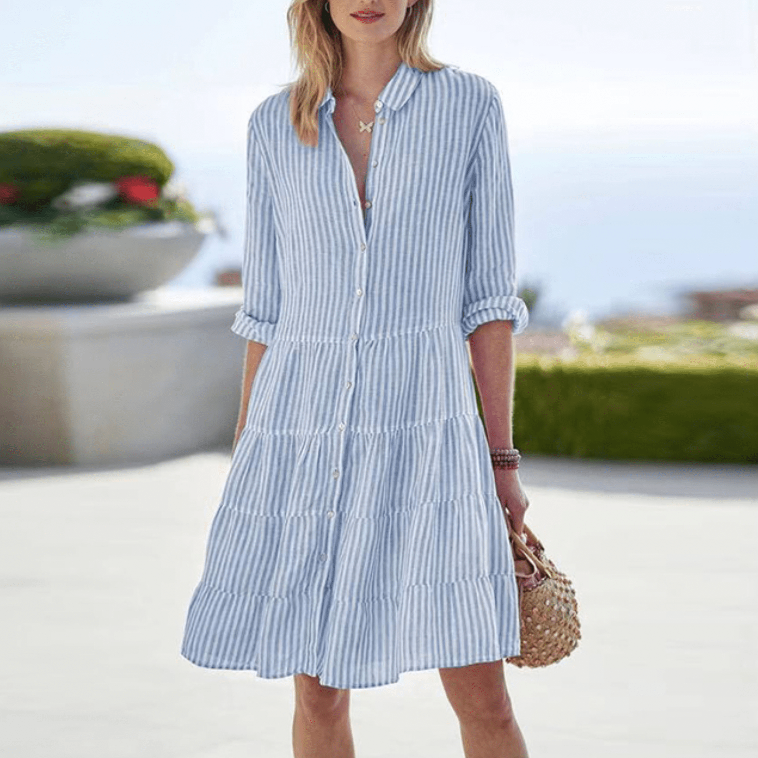 Harrow Cassandra casual summer dress for women featuring breezy striped fabric and button details.