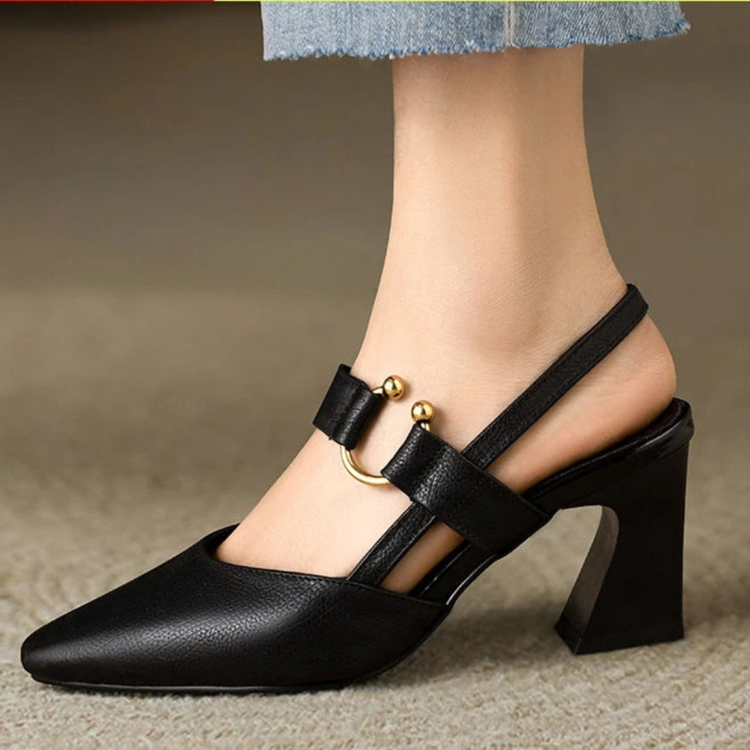 Harrow Christina low block heel court shoes for women, stylish black footwear with a sleek design and comfortable heel height.