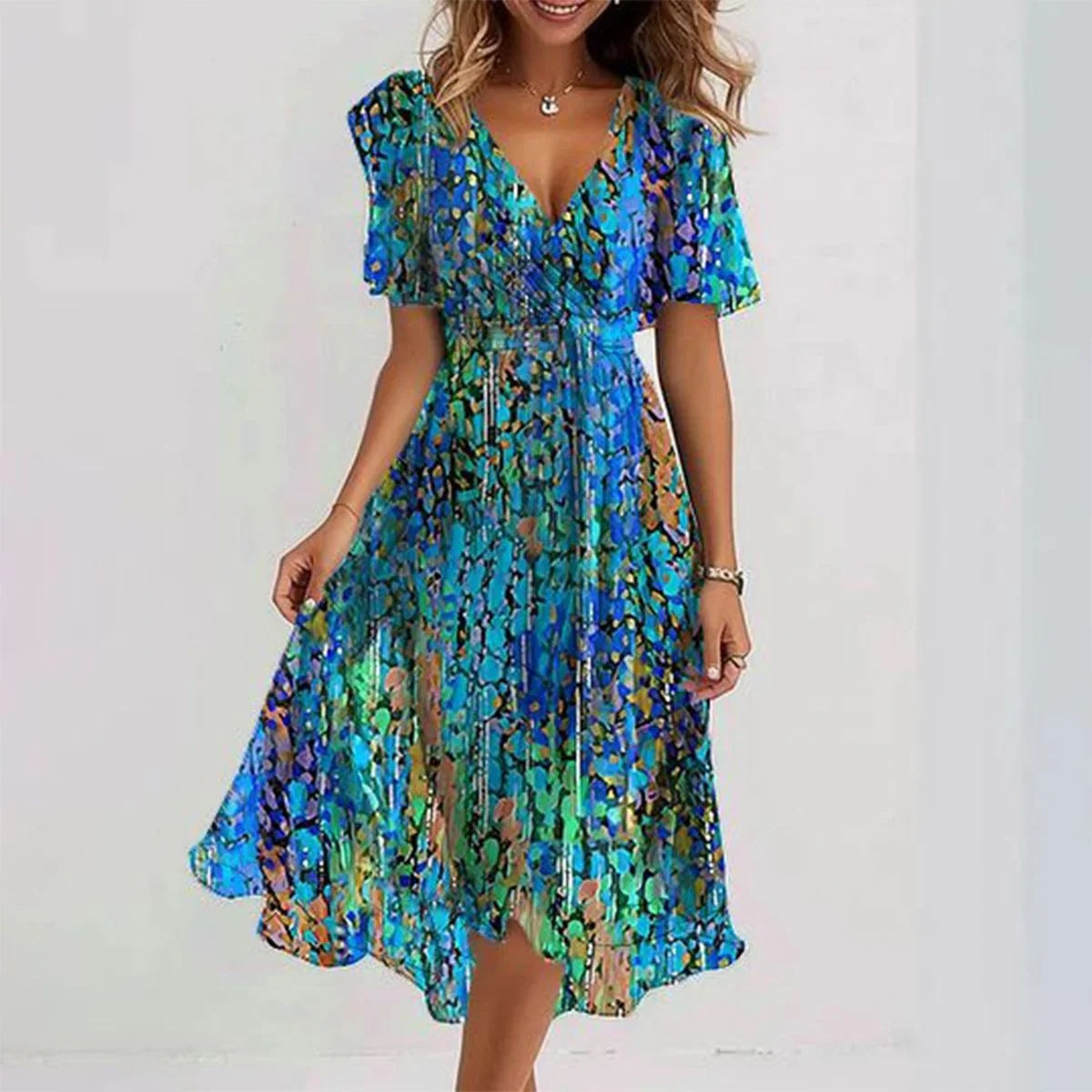 Harrow Connie floral midi dress for women with a vibrant summer floral pattern and elegant flowy design.