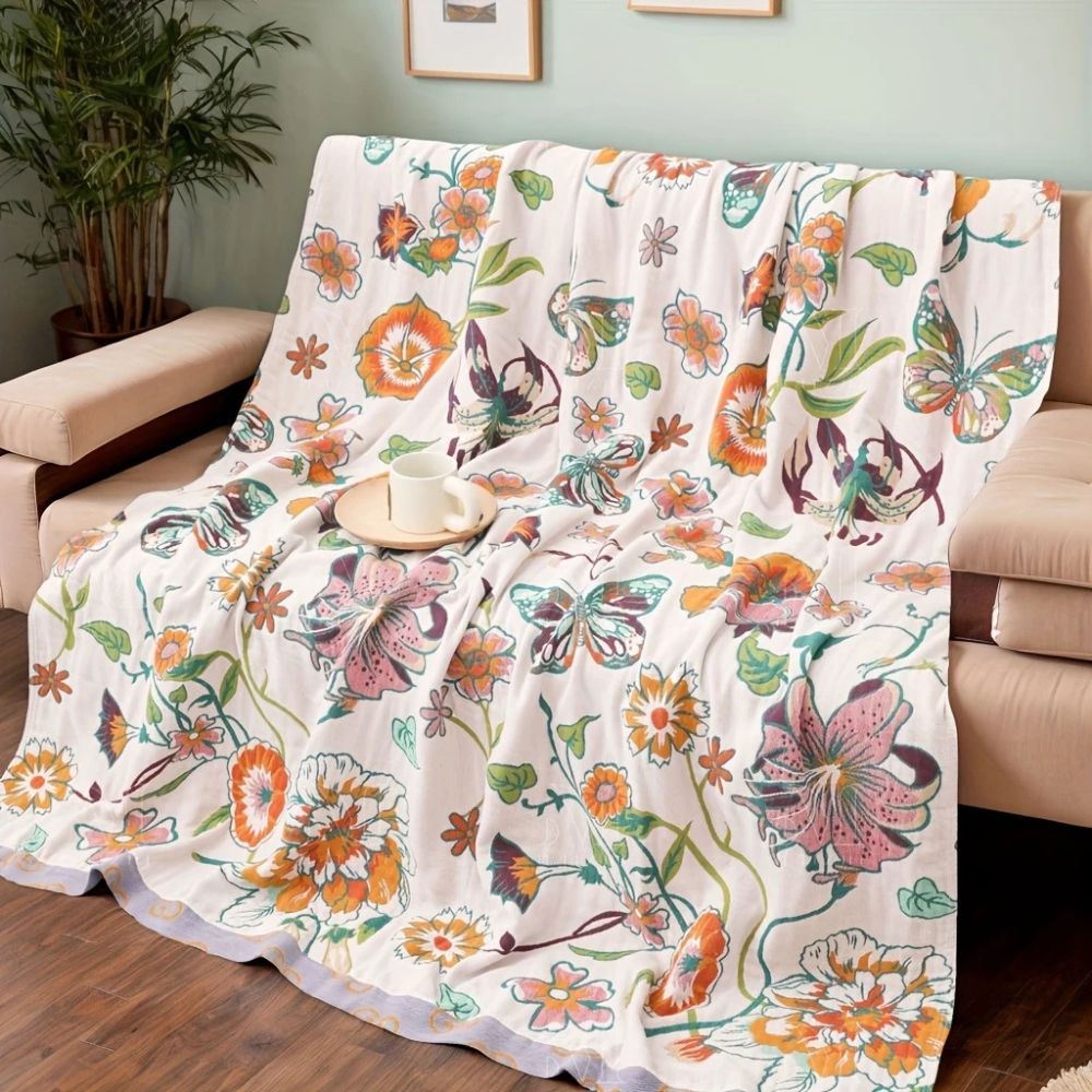 Cotton Blanket Lightweight Throw with Wildflower Botanical Design for Home Decor