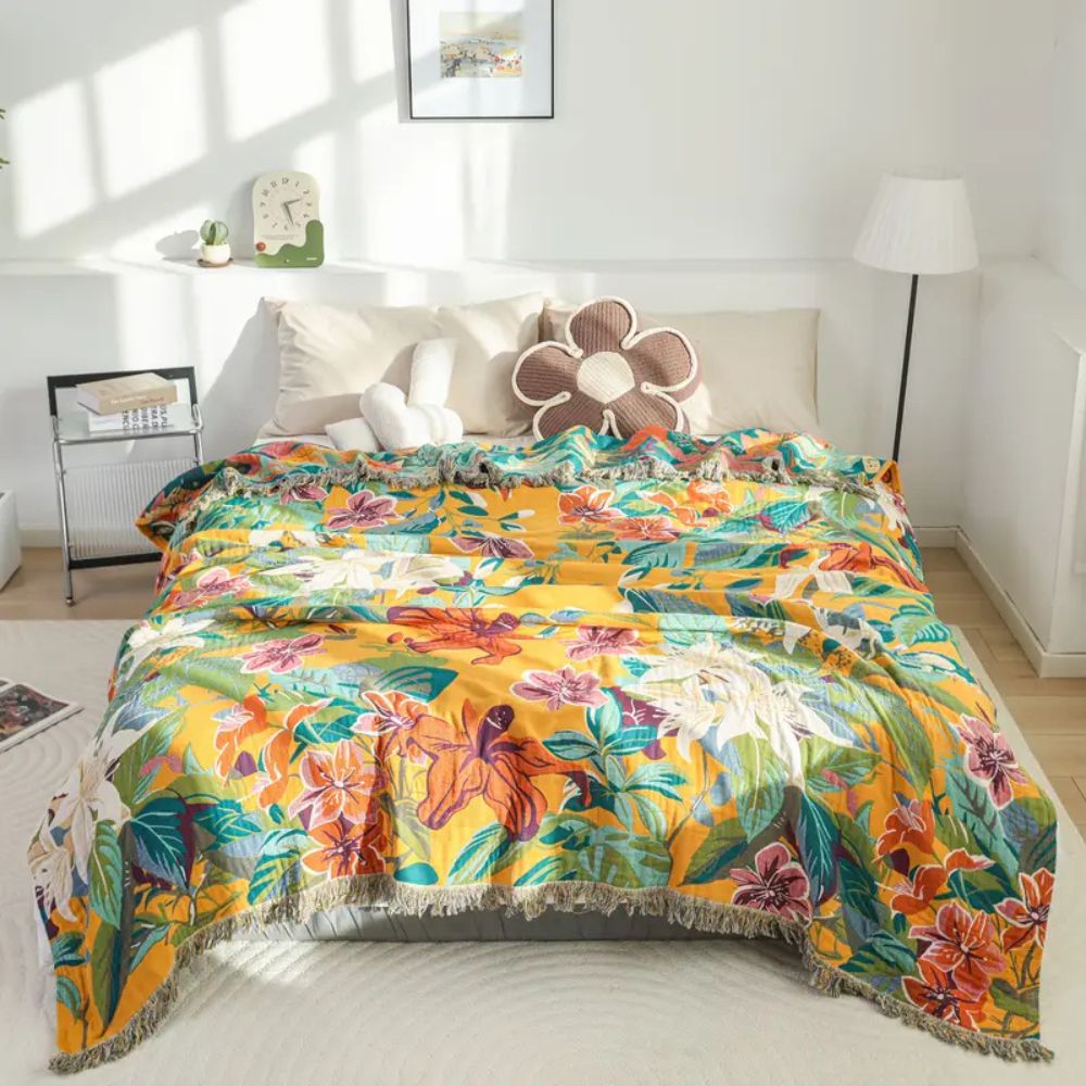 Cotton Blanket 79x90.5 Soft Tropical Design Throw for Home Decor and Layering