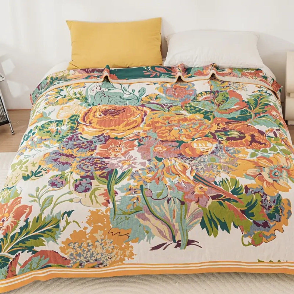 Cotton Blanket Reversible Floral Design Lightweight Jacquard 50x79 Inches Year-Round Comfort