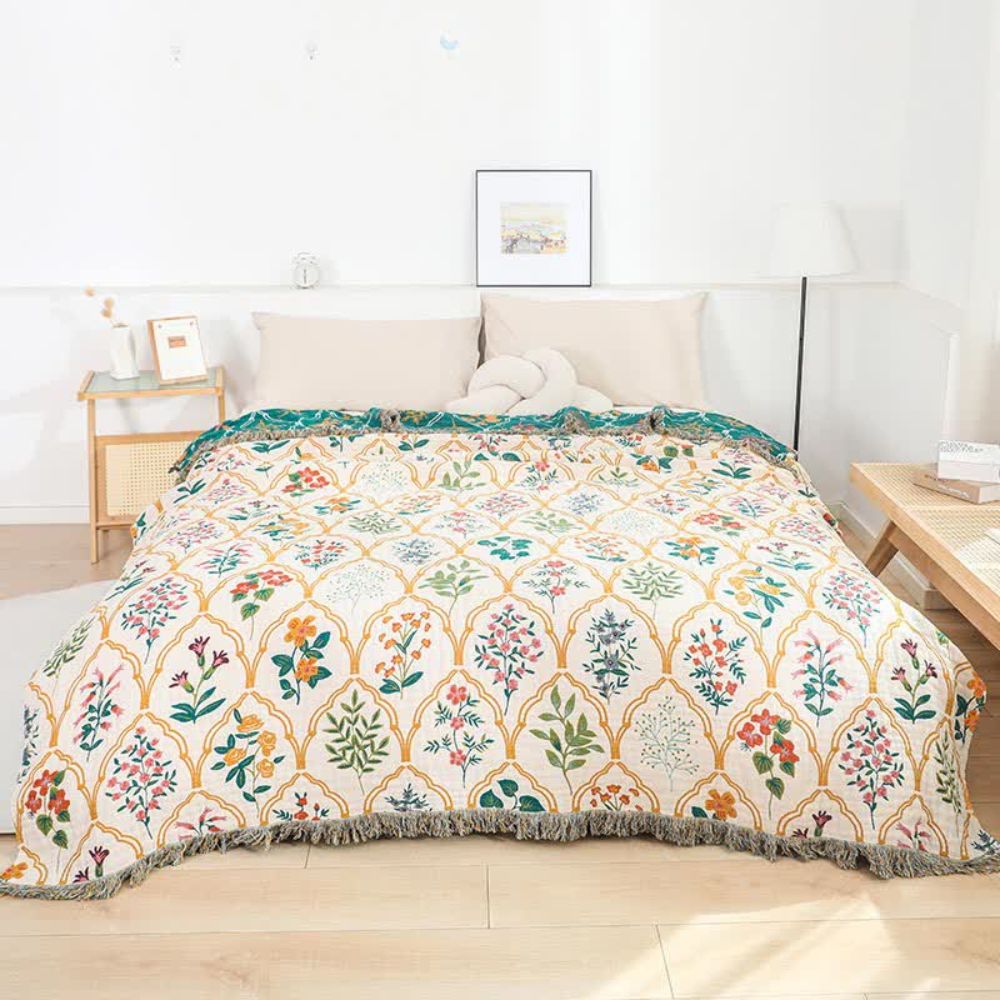 Cotton Blanket Reversible Floral Pattern Lightweight Breathable Throw 59x79 or 79x90.5 Inches