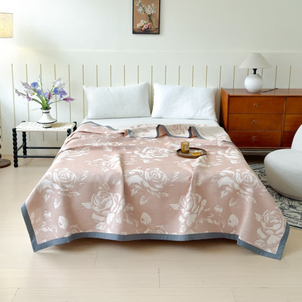 Flouriva Cotton Blanket Triple-Layered Gauze Soft Breathable Pink Rose Pattern