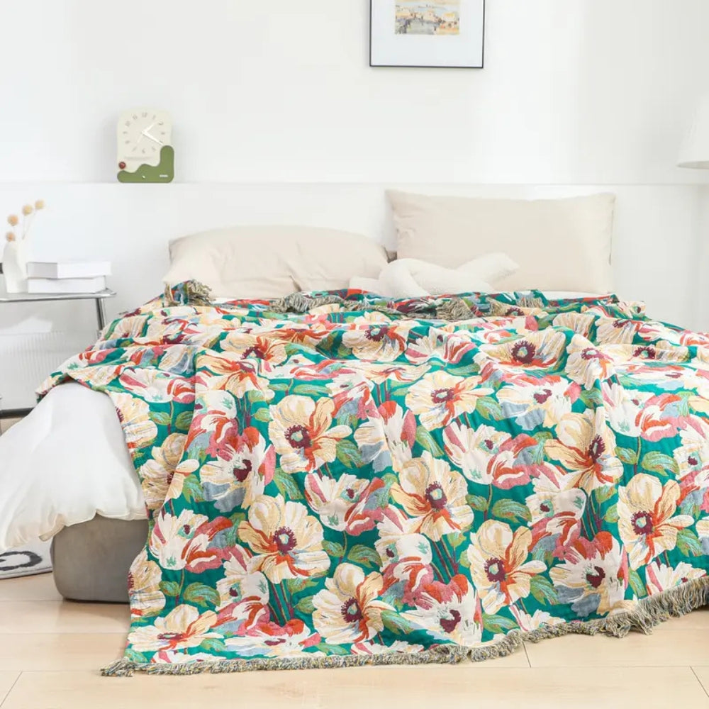 Cotton Blanket Floral Design 79x90.5 Inches Breathable Soft Throw with Tassel Edges