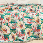 Cotton Blanket Floral Design 79x90.5 Inches Breathable Soft Throw with Tassel Edges