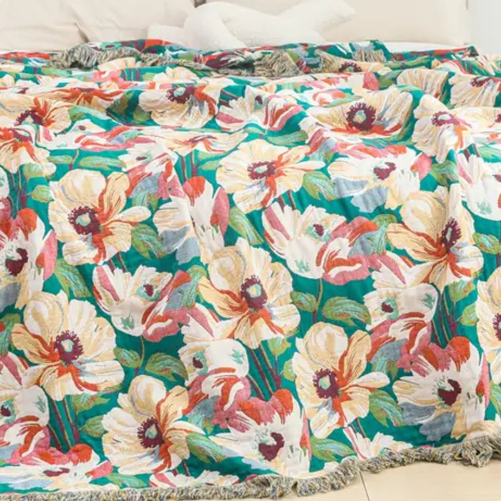 Cotton Blanket Floral Design 79x90.5 Inches Breathable Soft Throw with Tassel Edges