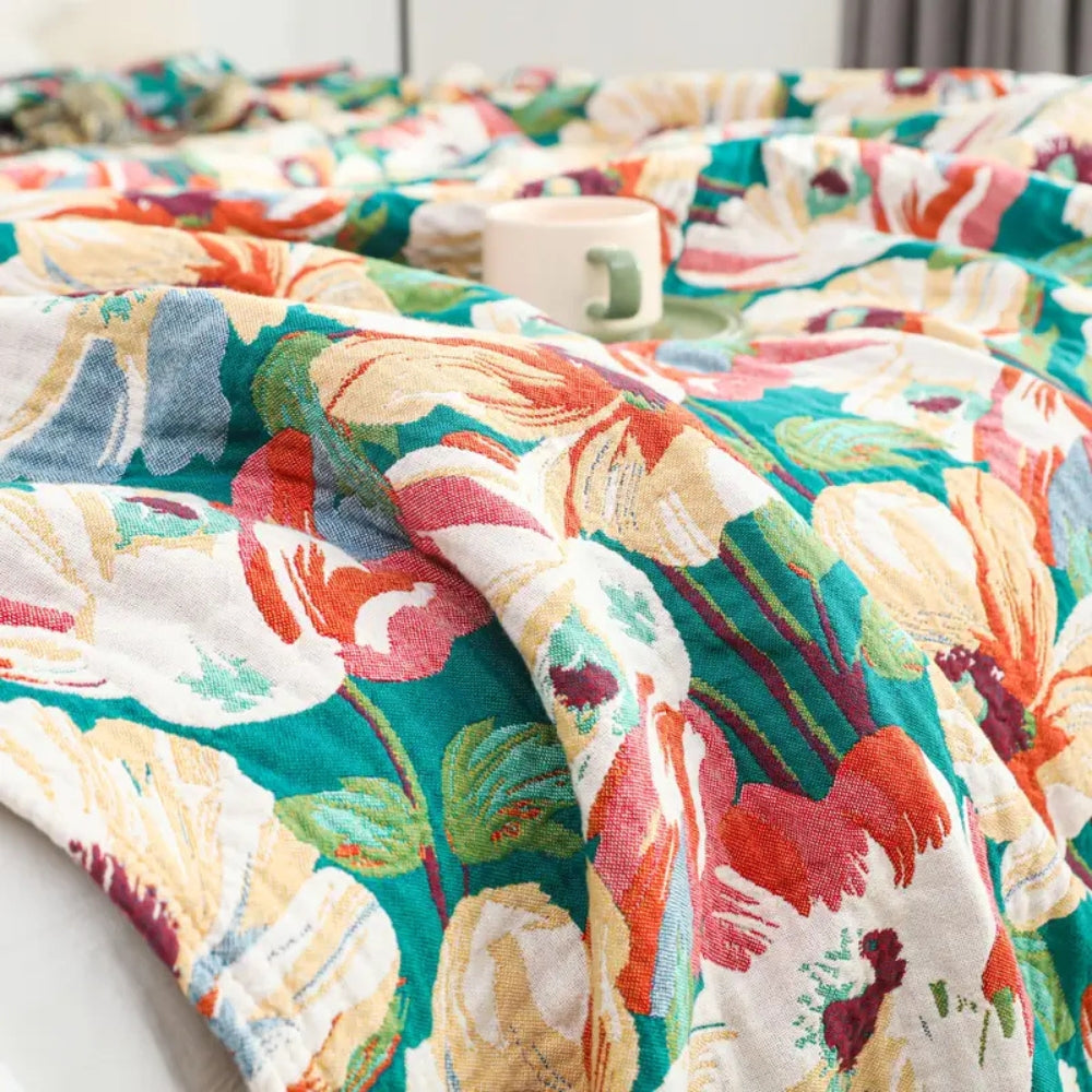 Cotton Blanket Floral Design 79x90.5 Inches Breathable Soft Throw with Tassel Edges
